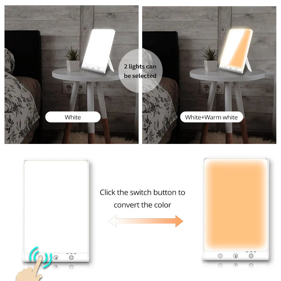 Modern SAD light therapy lamp with touch control and USB interface on simple desk setting