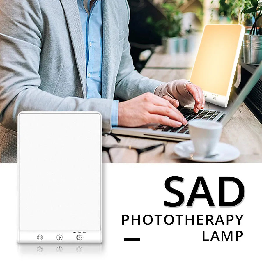Modern SAD light therapy lamp with touch control and USB interface on simple desk setting