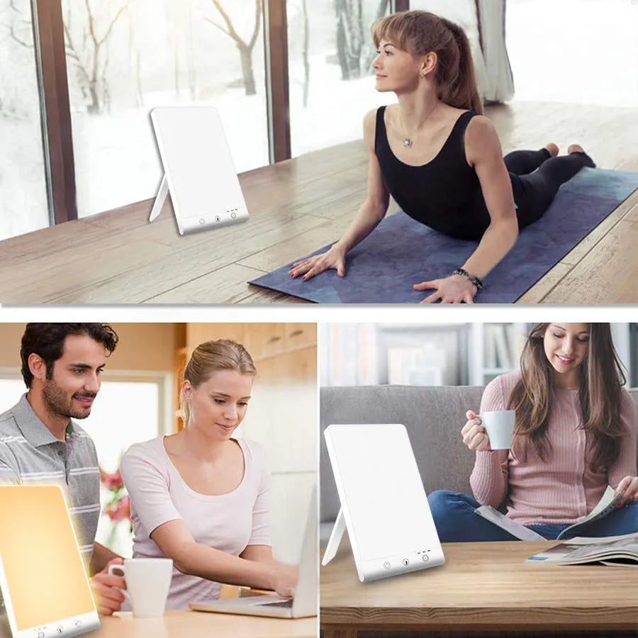Modern SAD light therapy lamp with touch control and USB interface on simple desk setting