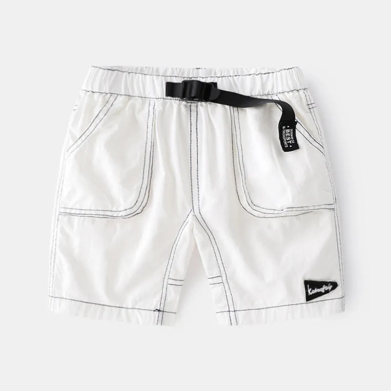 Children's breathable cotton summer shorts in khaki with elastic waist and letter detailing