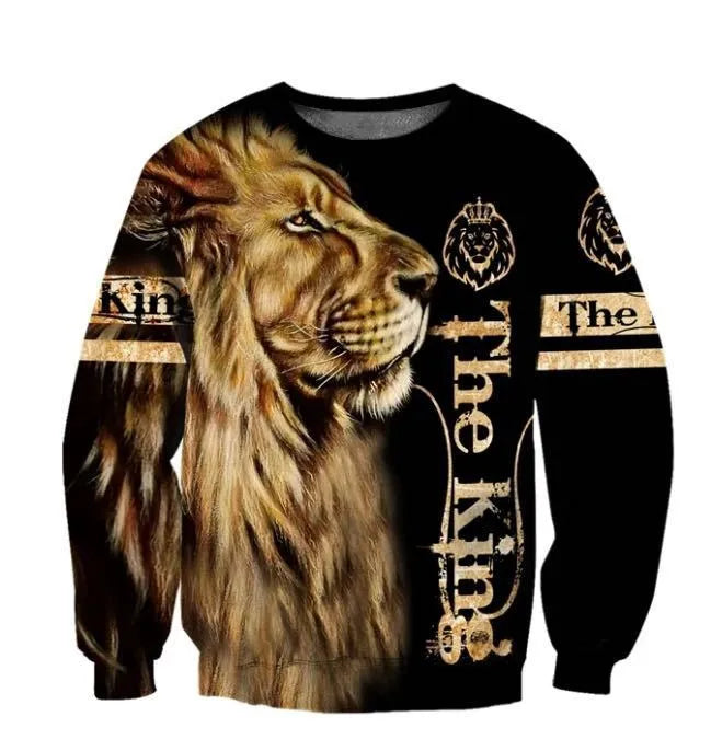 Lion 3D digital print hooded zipper shirt in cotton blended fabric on model