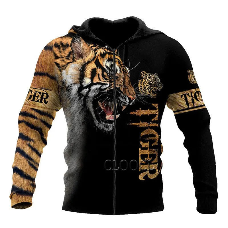 Lion 3D digital print hooded zipper shirt in cotton blended fabric on model