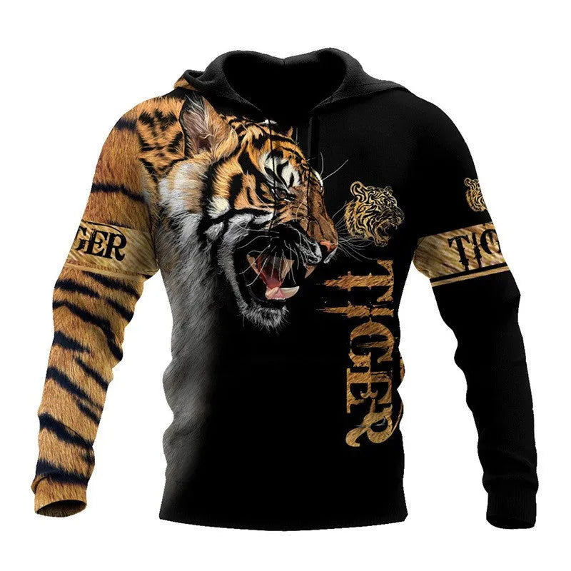 Lion 3D digital print hooded zipper shirt in cotton blended fabric on model