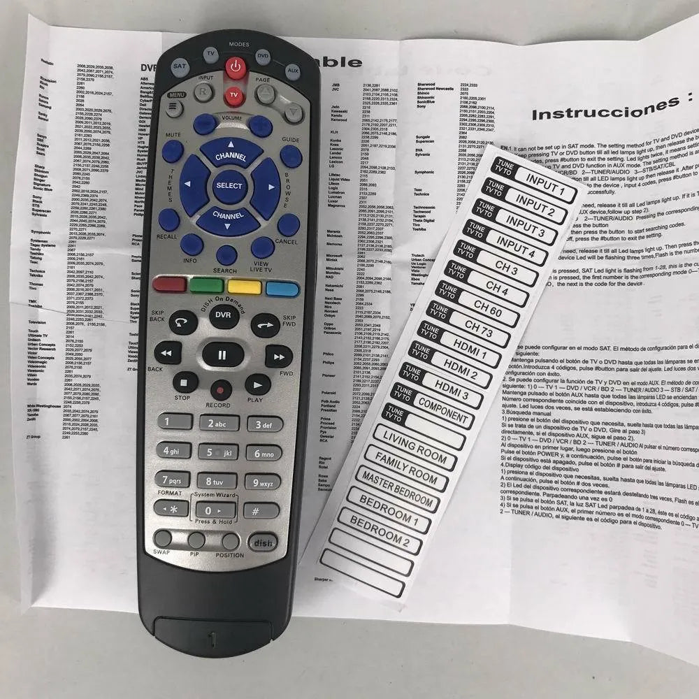 Black universal remote control for DISH Network satellite TV receivers, flat button design.
