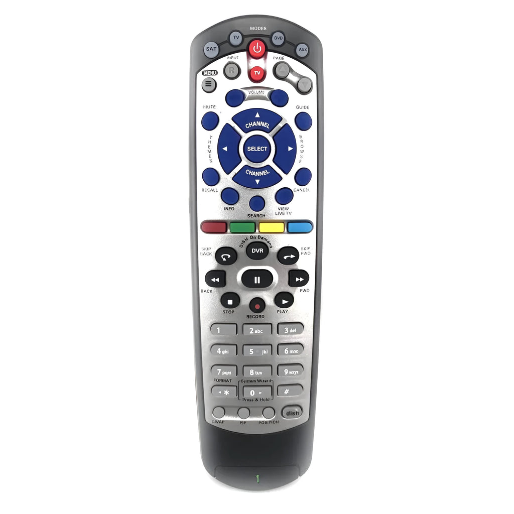 Black universal remote control for DISH Network satellite TV receivers, flat button design.