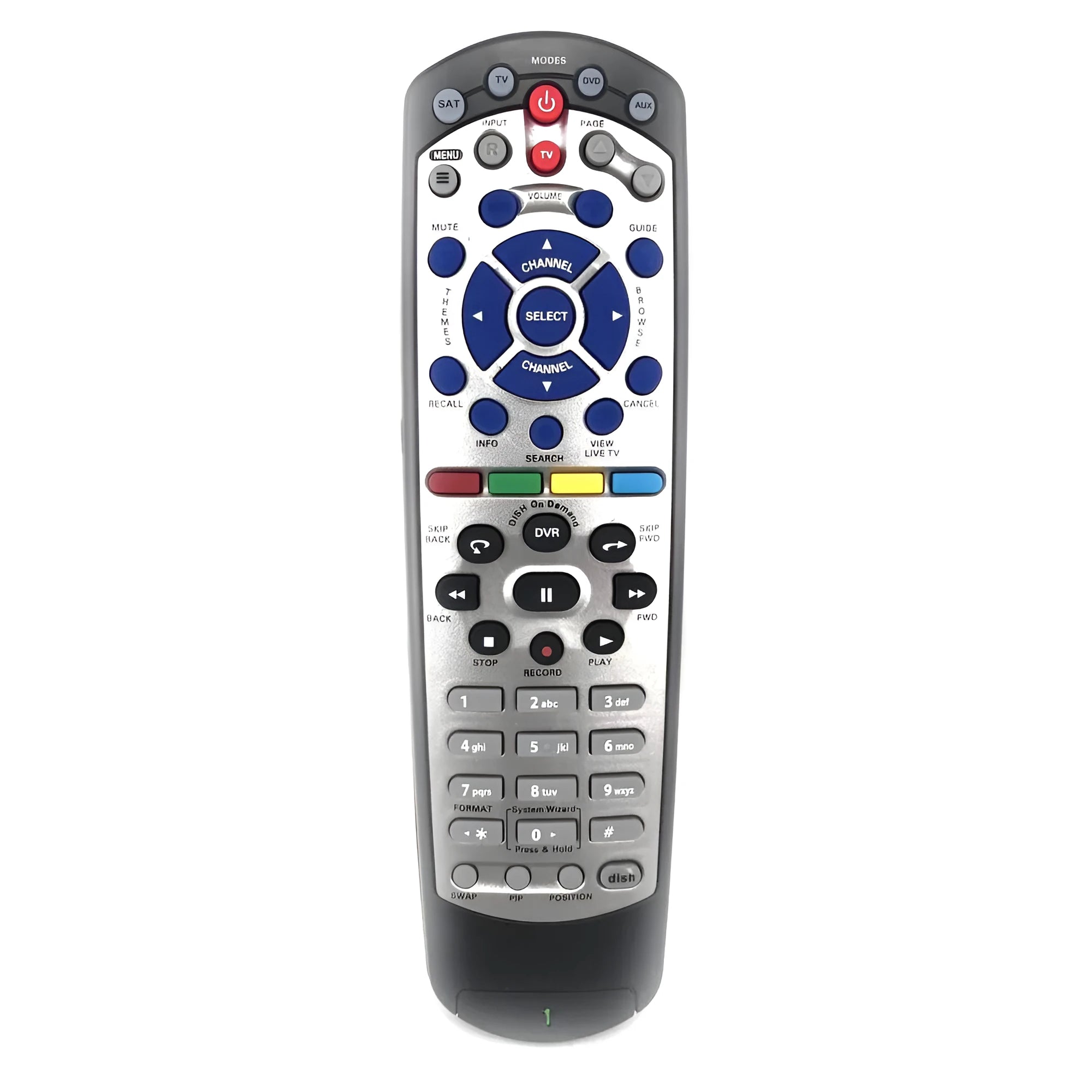 Black universal remote control for DISH Network satellite TV receivers, flat button design.