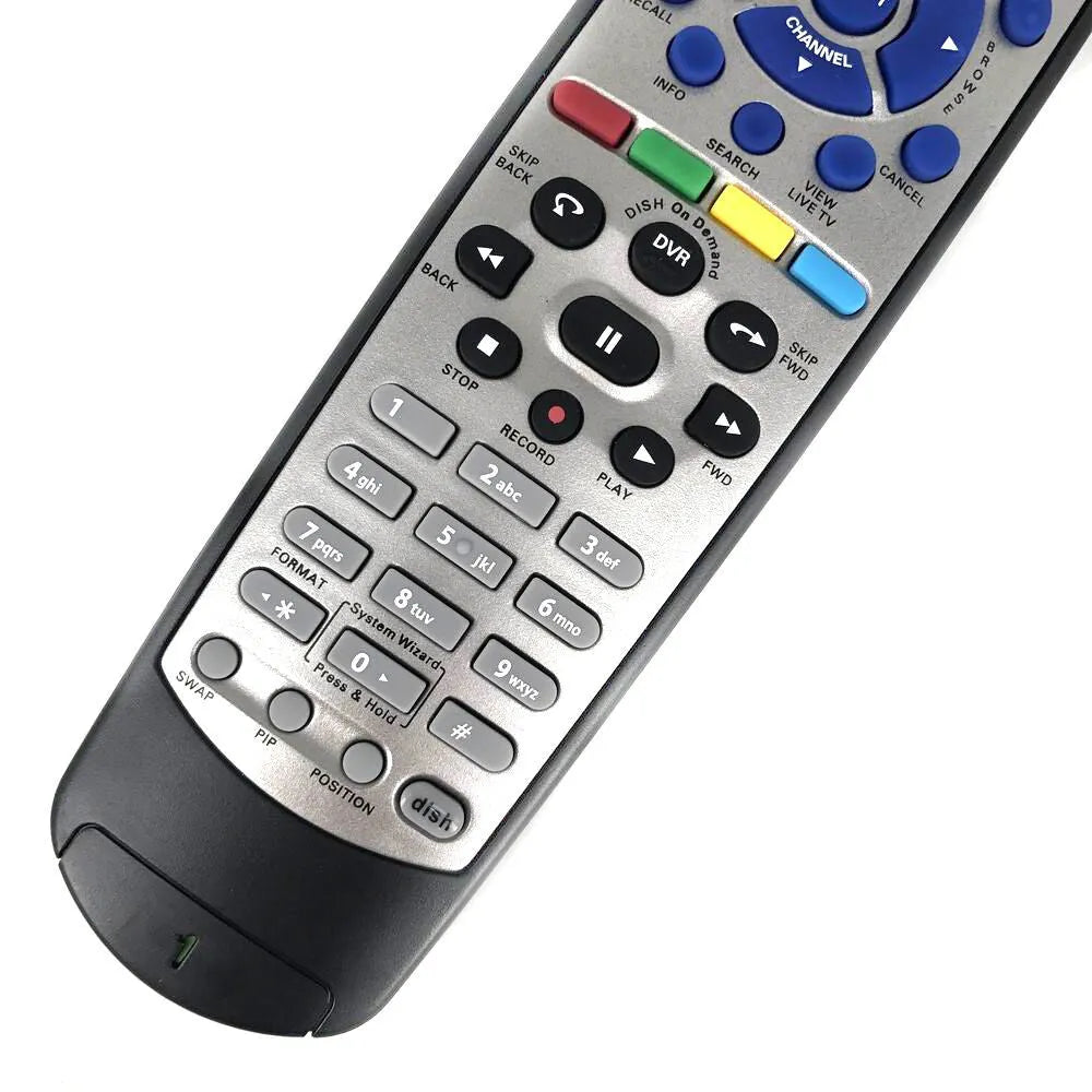 Black universal remote control for DISH Network satellite TV receivers, flat button design.
