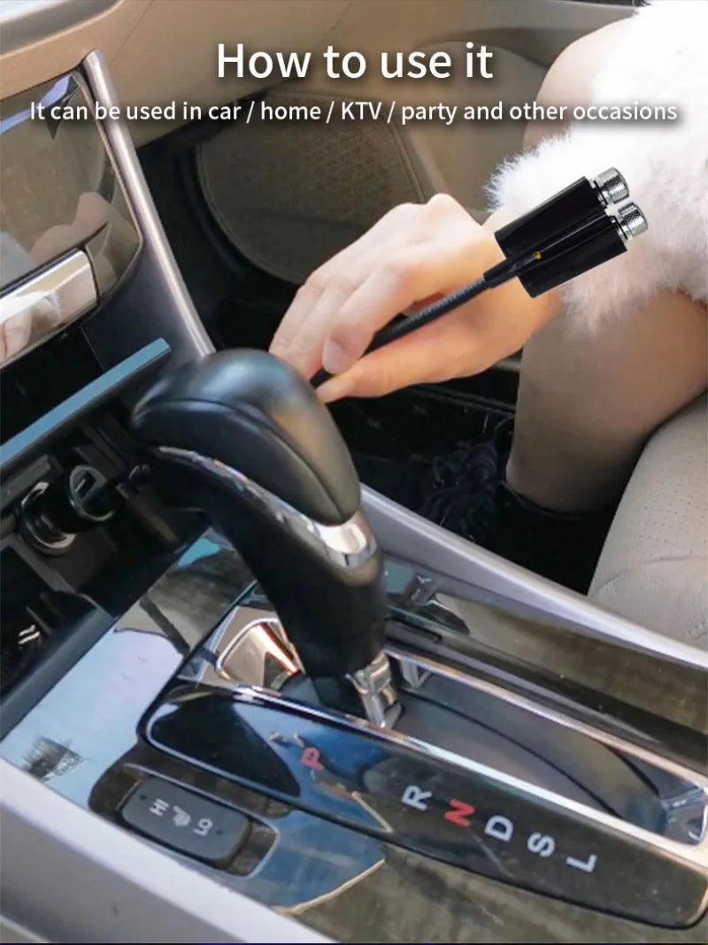 Car USB star sky ceiling light with red and blue light pattern on black car ceiling