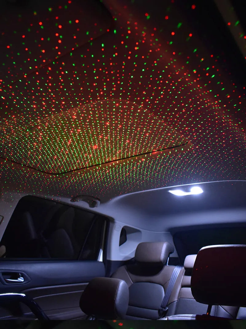 Car USB star sky ceiling light with red and blue light pattern on black car ceiling