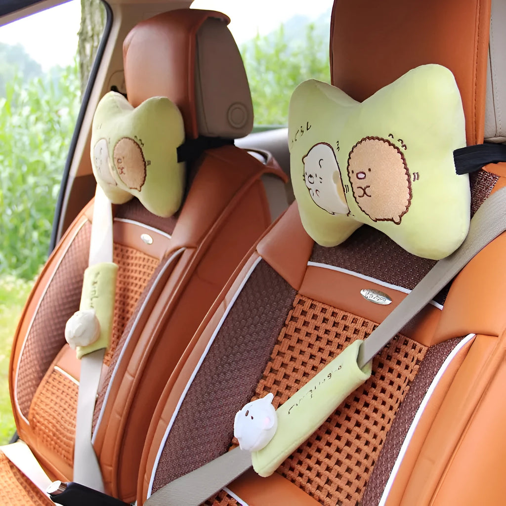 Car headrest neck pillow set with plush cover, PP cotton filling, cartoon pattern, green and beige