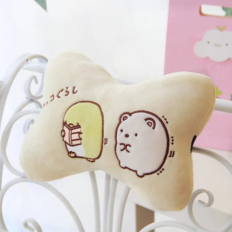 Car headrest neck pillow set with plush cover, PP cotton filling, cartoon pattern, green and beige