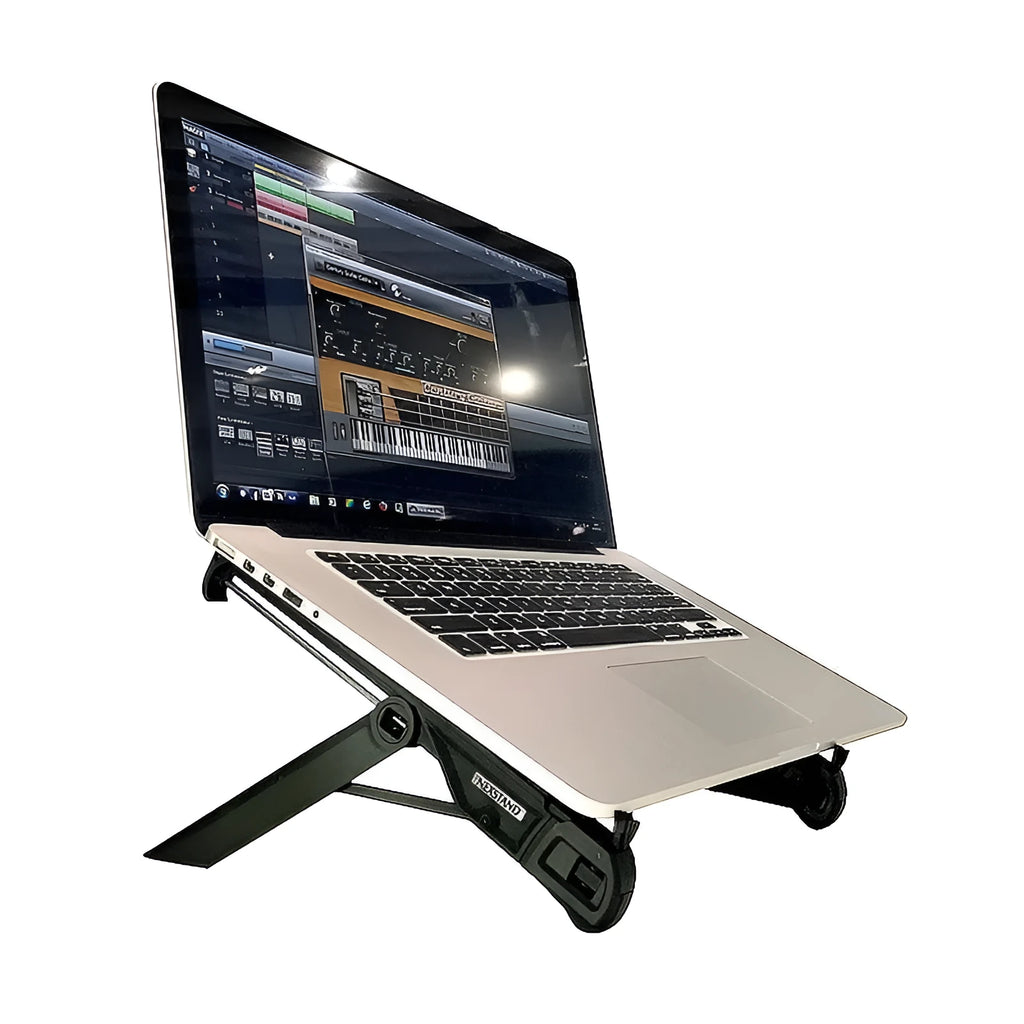 Folding notebook stand in reinforced nylon, black, with laptop raised for airflow