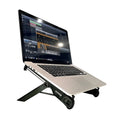 Folding notebook stand in reinforced nylon, black, with laptop raised for airflow