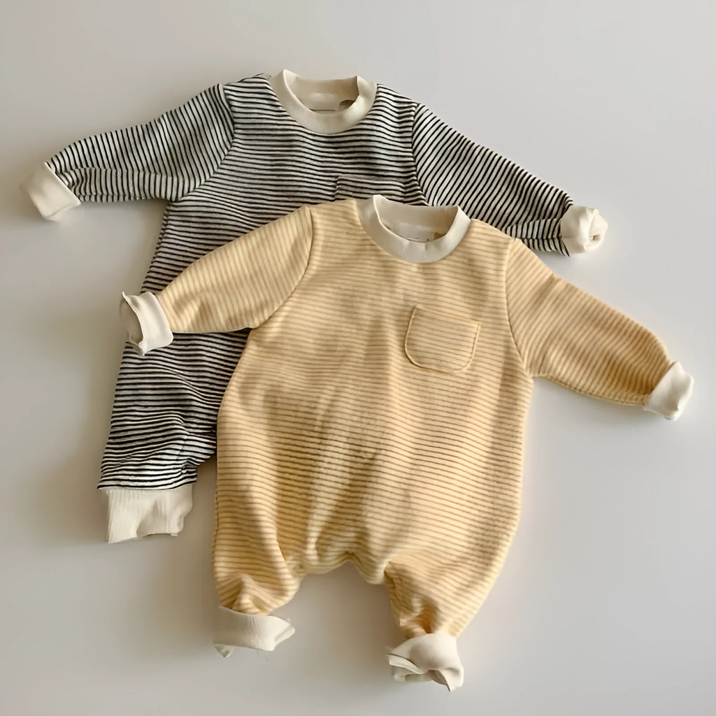 Striped fleece-lined cotton baby jumpsuit with long sleeves on hanger