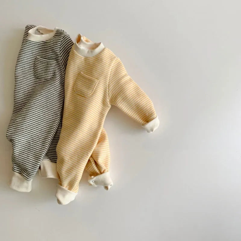Striped fleece-lined cotton baby jumpsuit with long sleeves on hanger