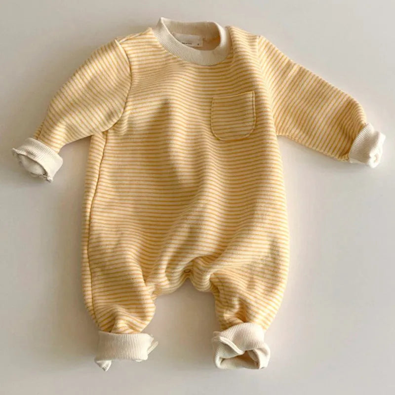 Striped fleece-lined cotton baby jumpsuit with long sleeves on hanger