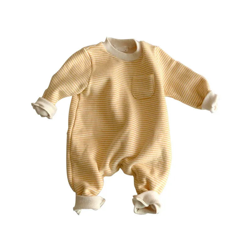 Striped fleece-lined cotton baby jumpsuit with long sleeves on hanger