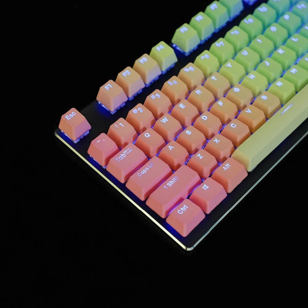 109-key PBT double-shot dip-dye keycap set with OEM profile, positive engraving, six colour styles including rainbow gradient and blue enchantress