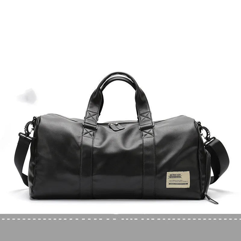 Black large capacity waterproof PU leather sports training bag with multiple zipper pockets and a single strap.
