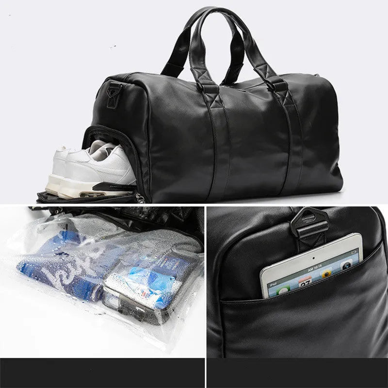 Black large capacity waterproof PU leather sports training bag with multiple zipper pockets and a single strap.
