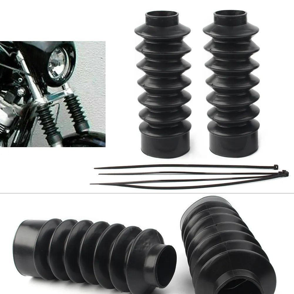 Pair of black rubber front shock absorber dust covers for motorcycle fork protection