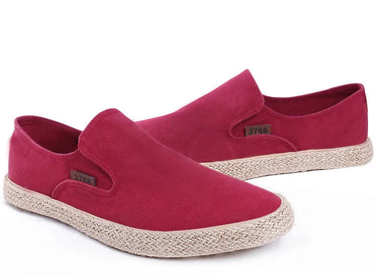 Men's canvas hemp rope lazy shoes, slip-on style with plain design in khaki colour, side view.