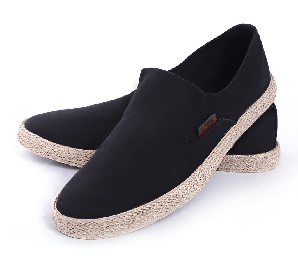 Men's canvas hemp rope lazy shoes, slip-on style with plain design in khaki colour, side view.