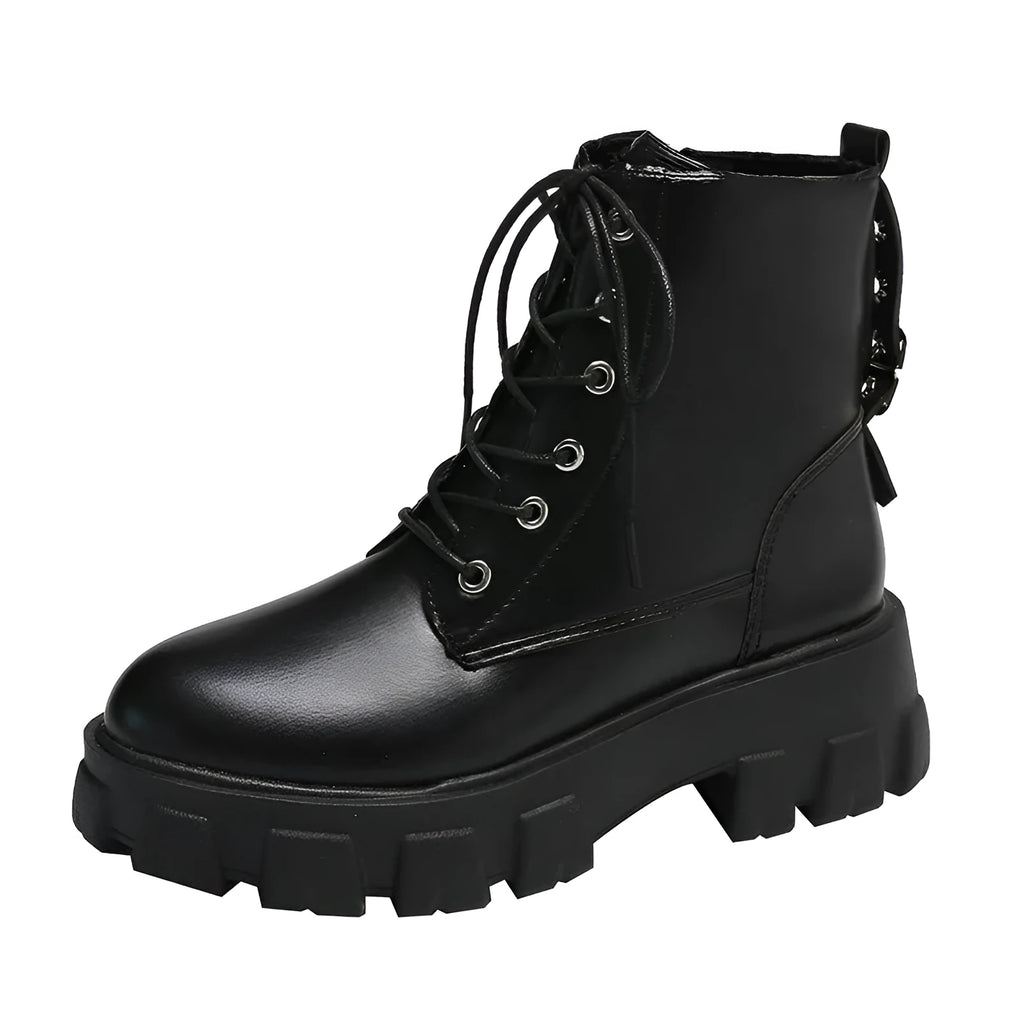 Women's Martin boots in artificial PU with belt buckle and lace front in black, size 38