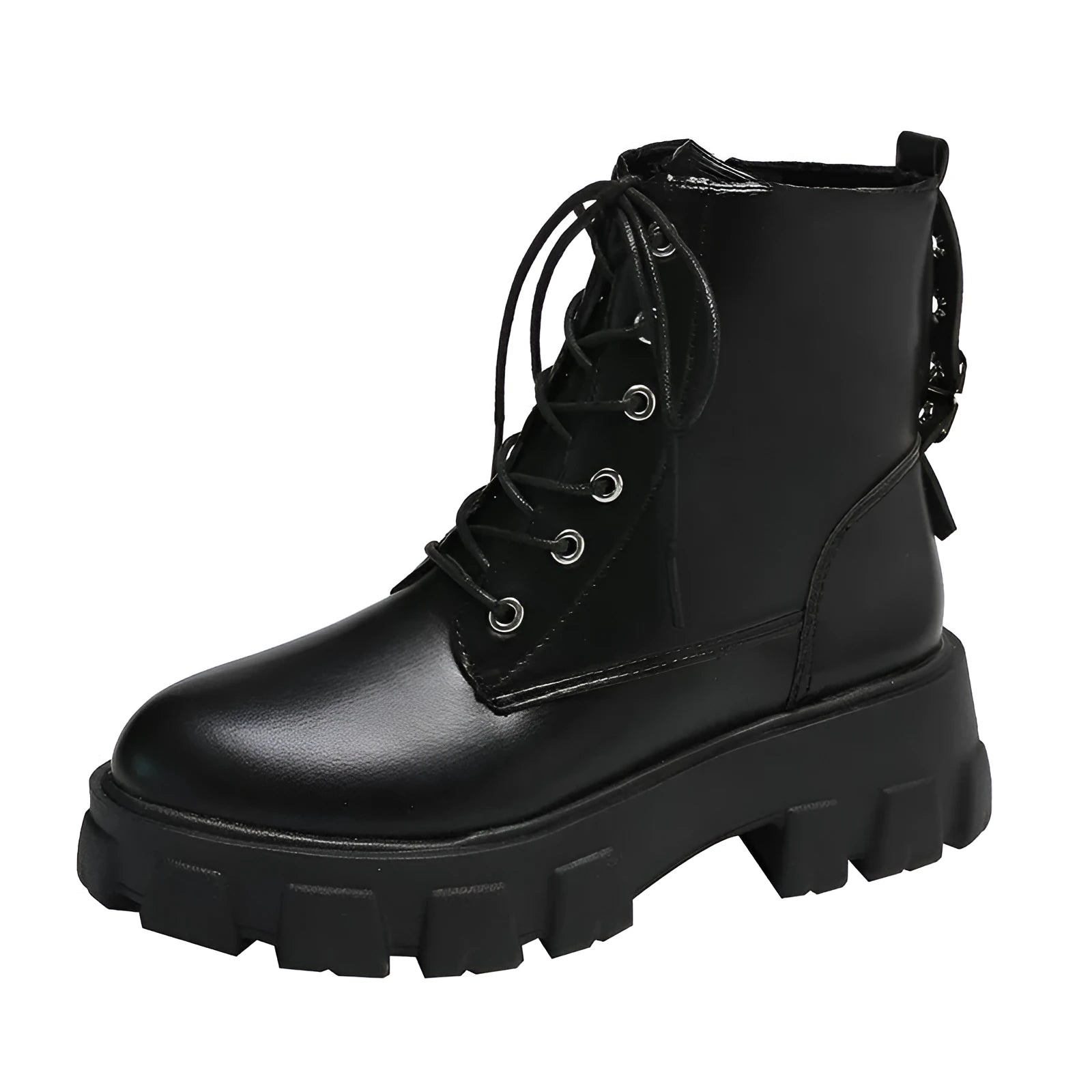 Women's Martin boots in artificial PU with belt buckle and lace front in black, size 38