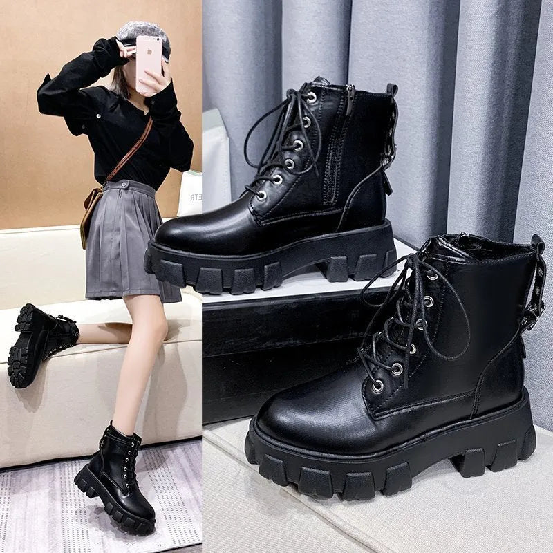 Women's Martin boots in artificial PU with belt buckle and lace front in black, size 38