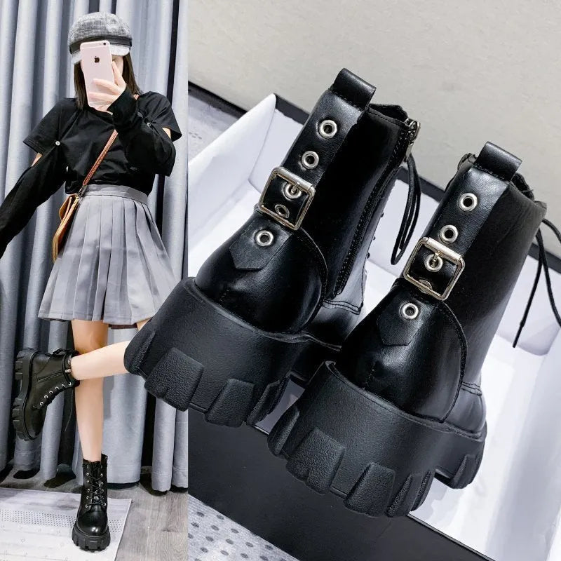Women's Martin boots in artificial PU with belt buckle and lace front in black, size 38