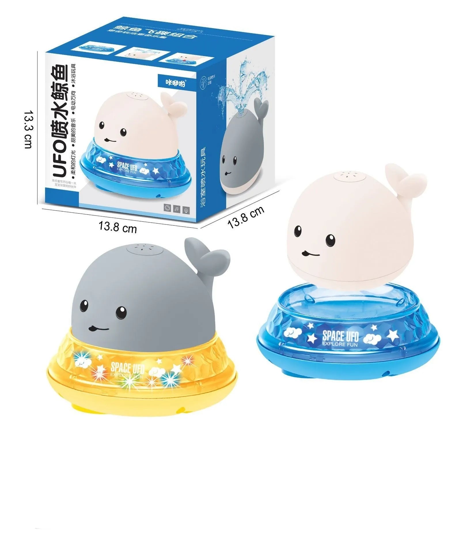Grey and white cartoon whale bath toy spraying water with LED lights illuminated on water surface.