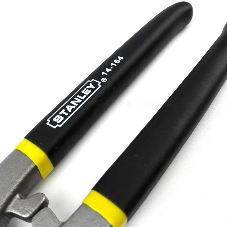 Yellow-handled high carbon steel barbed wire shears, 200mm long, for cutting metal plate.