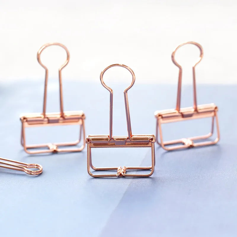 Rose gold metal binder set showing small and large folders with metal clasps for test papers and tickets