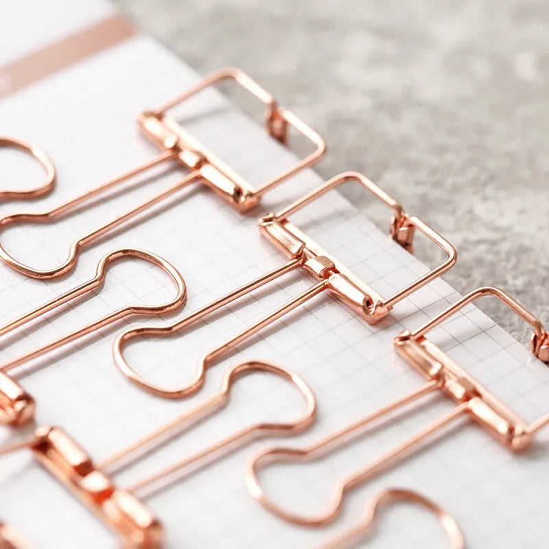 Rose gold metal binder set showing small and large folders with metal clasps for test papers and tickets