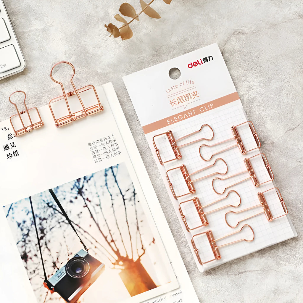 Rose gold metal binder set showing small and large folders with metal clasps for test papers and tickets