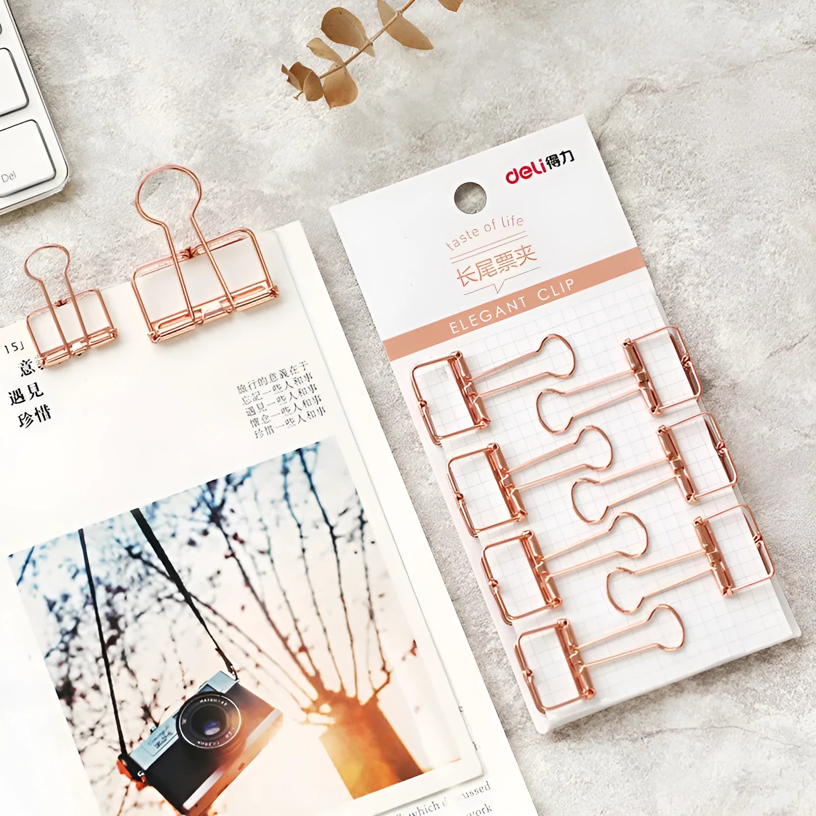 Rose gold metal binder set showing small and large folders with metal clasps for test papers and tickets