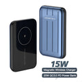 Blue wireless magnetic power bank charger for iPhone 12 showing USB port and magnetic charging surface.