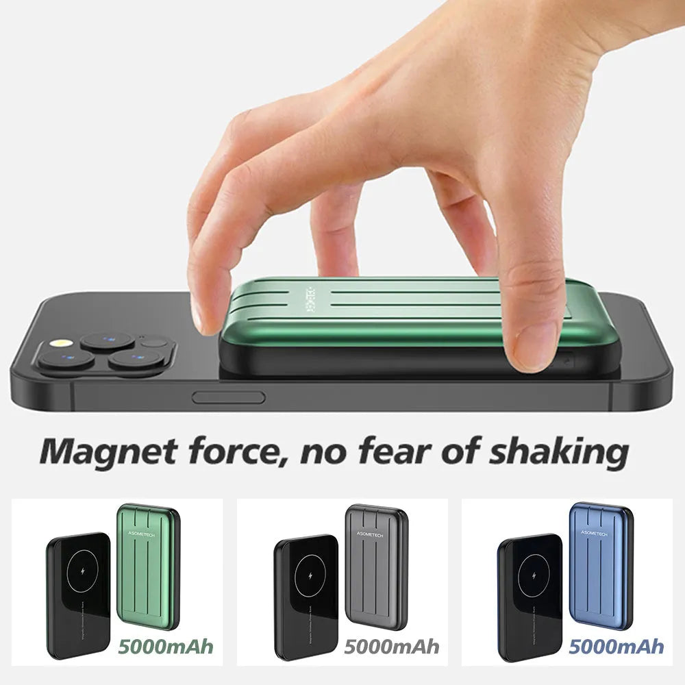 Blue wireless magnetic power bank charger for iPhone 12 showing USB port and magnetic charging surface.