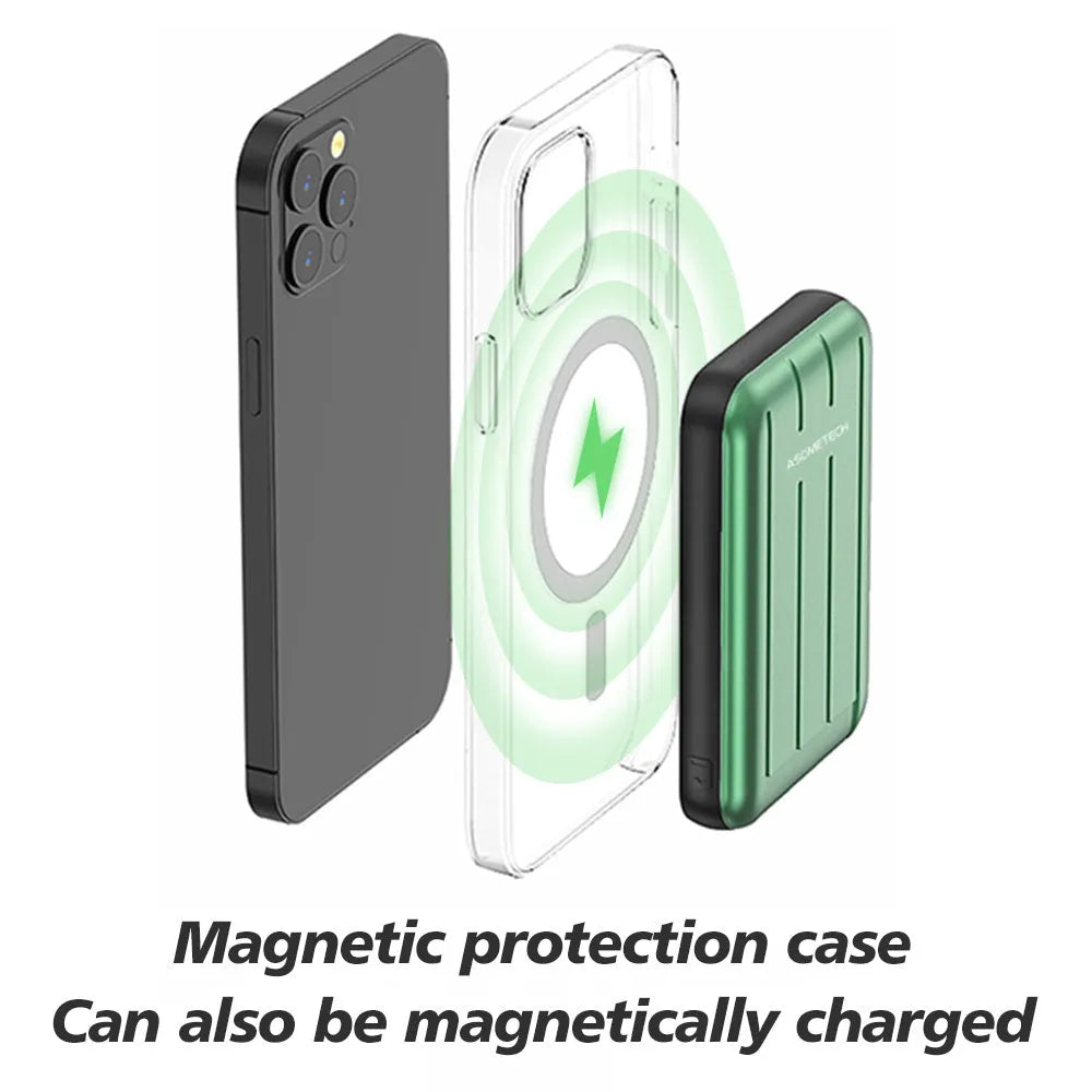 Blue wireless magnetic power bank charger for iPhone 12 showing USB port and magnetic charging surface.