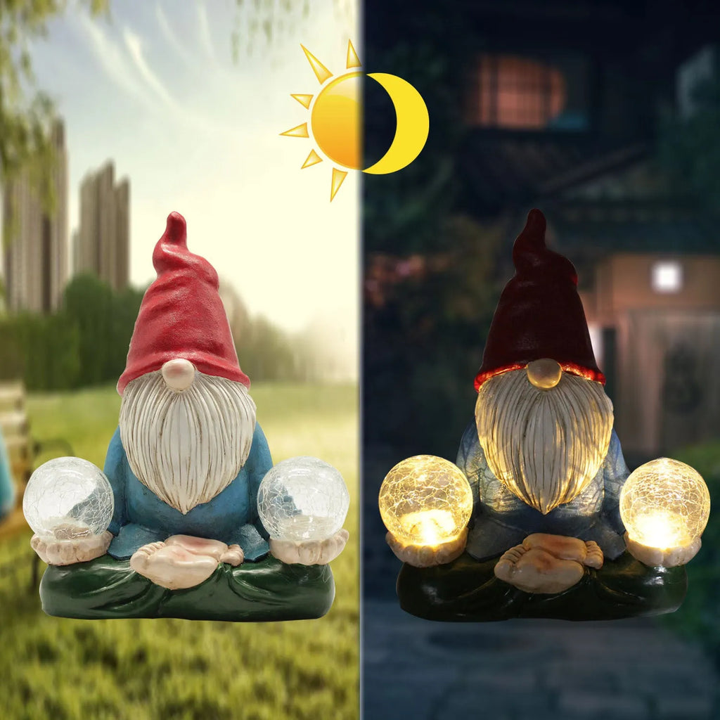 Solar-powered resin dwarf doll ornament with LED lighting for outdoor garden decoration