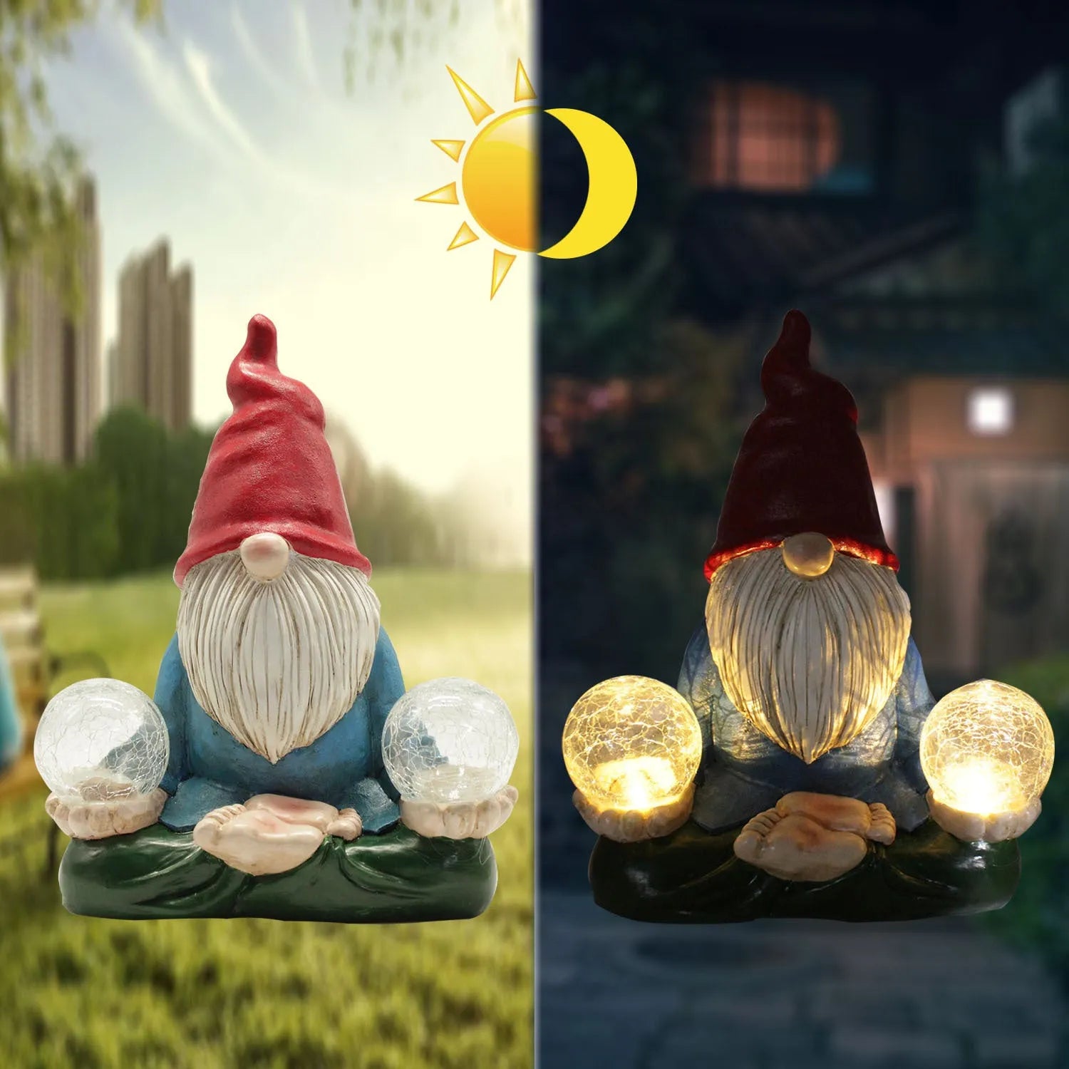 Solar-powered resin dwarf doll ornament with LED lighting for outdoor garden decoration