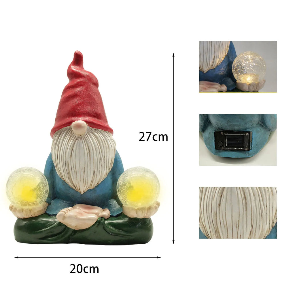 Solar-powered resin dwarf doll ornament with LED lighting for outdoor garden decoration