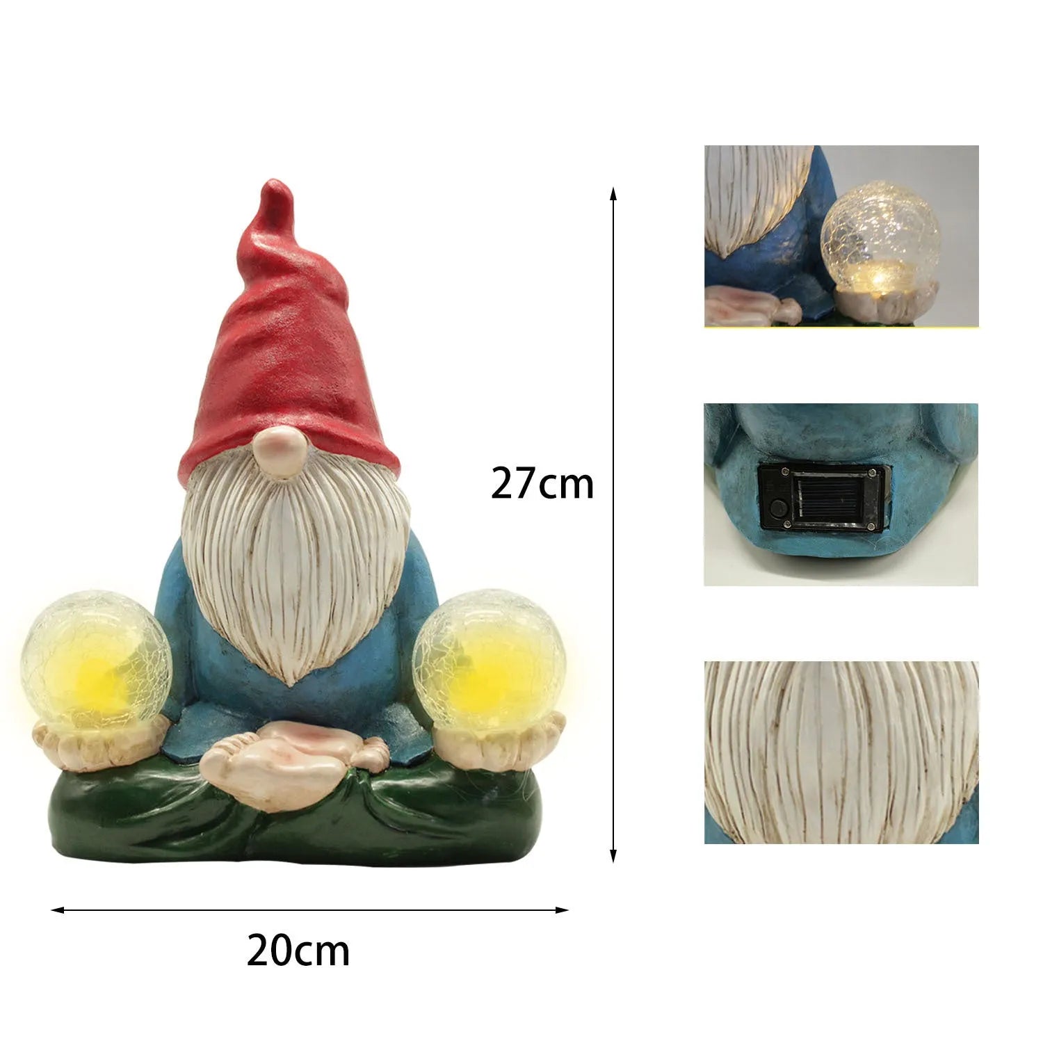 Solar-powered resin dwarf doll ornament with LED lighting for outdoor garden decoration