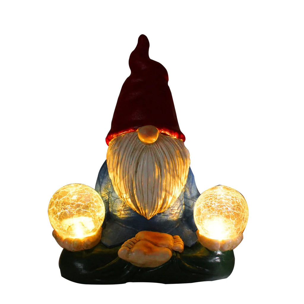 Solar-powered resin dwarf doll ornament with LED lighting for outdoor garden decoration