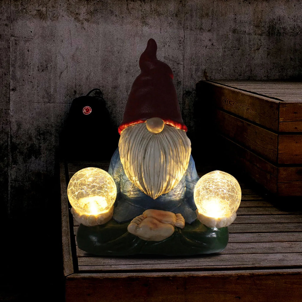 Solar-powered resin dwarf doll ornament with LED lighting for outdoor garden decoration