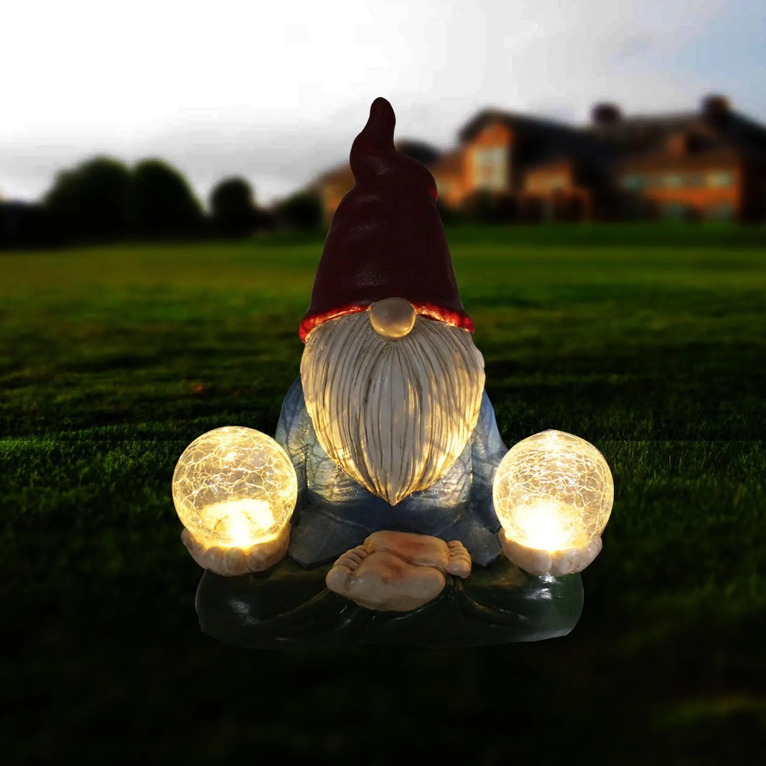 Solar-powered resin dwarf doll ornament with LED lighting for outdoor garden decoration