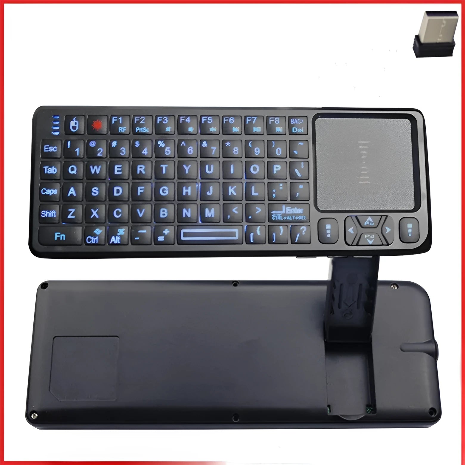 Black wireless mini keyboard with touch screen and matching optical mouse on a desk.