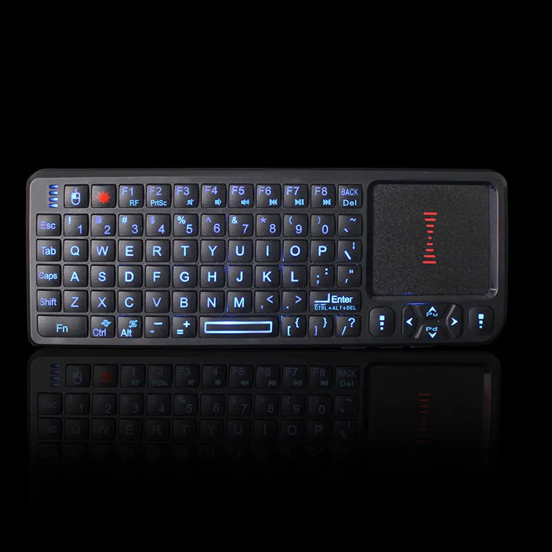 Black wireless laser presentation pointer with integrated mini keyboard and USB dongle.