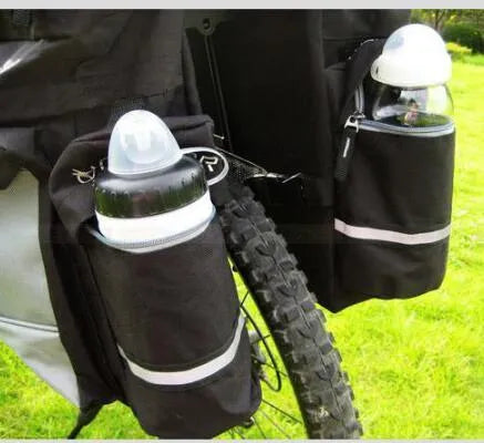 Black mountain bike bag with rain cover on rear rack, 43 litre capacity, 600D nylon